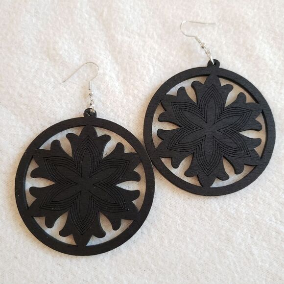 Etched Wood Mandala Cutout Earrings - Picture 1 of 3